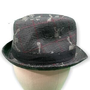 Scull and Crossbones Fedora Hat Gray Red Medium Goth
